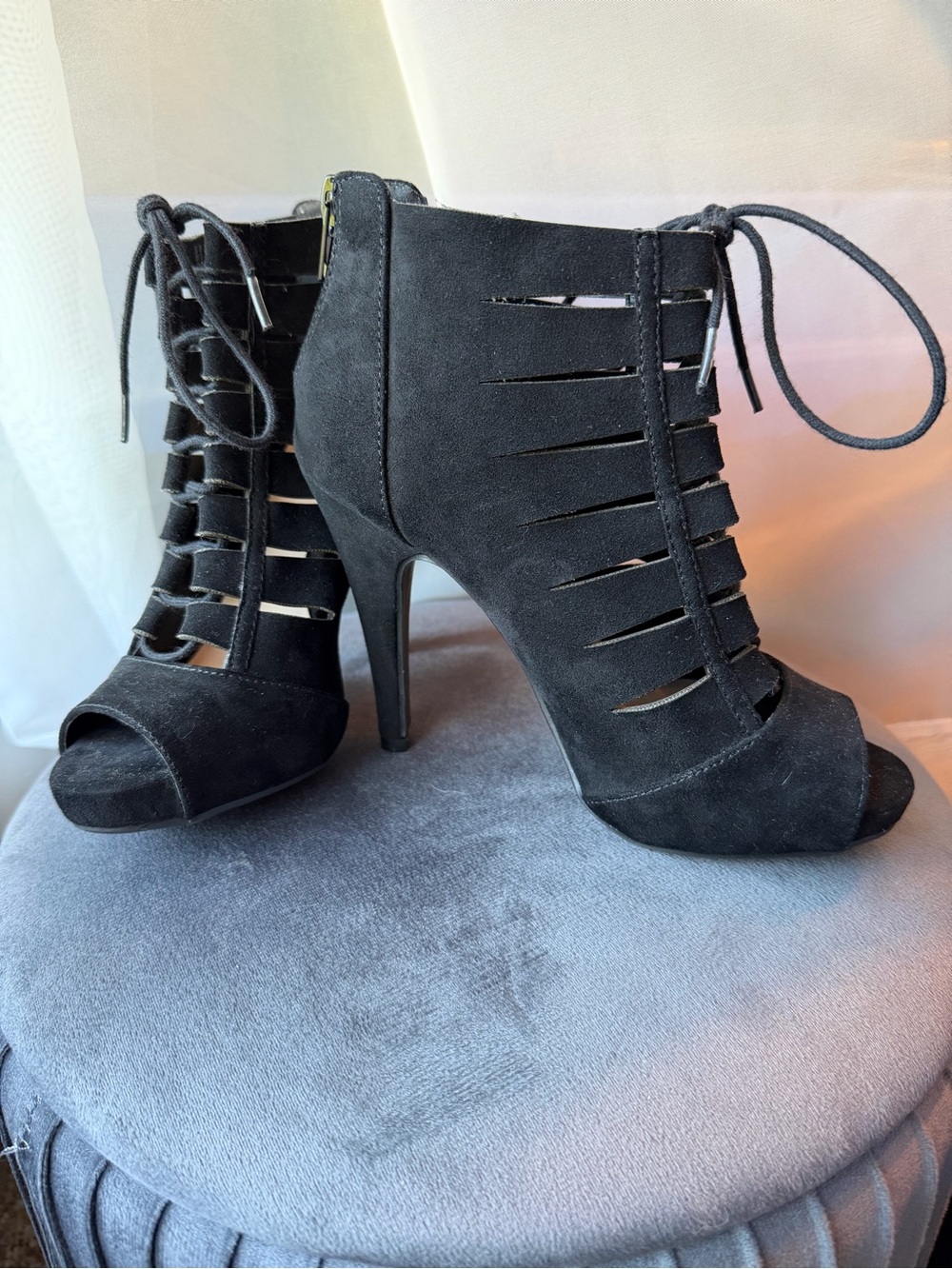 Fergalicious Black Cutout Lace-Up Peep Toe Stiletto Booties